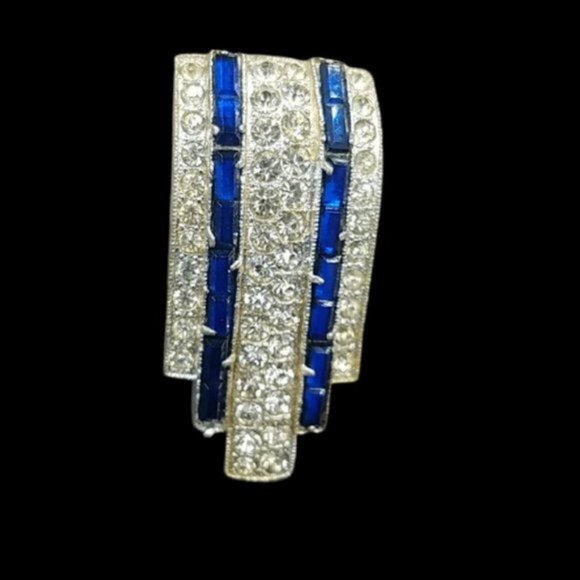 Antique Art Deco Pair Sapphire Rhinestone Architectural Dress Clips - Picture 3 of 6